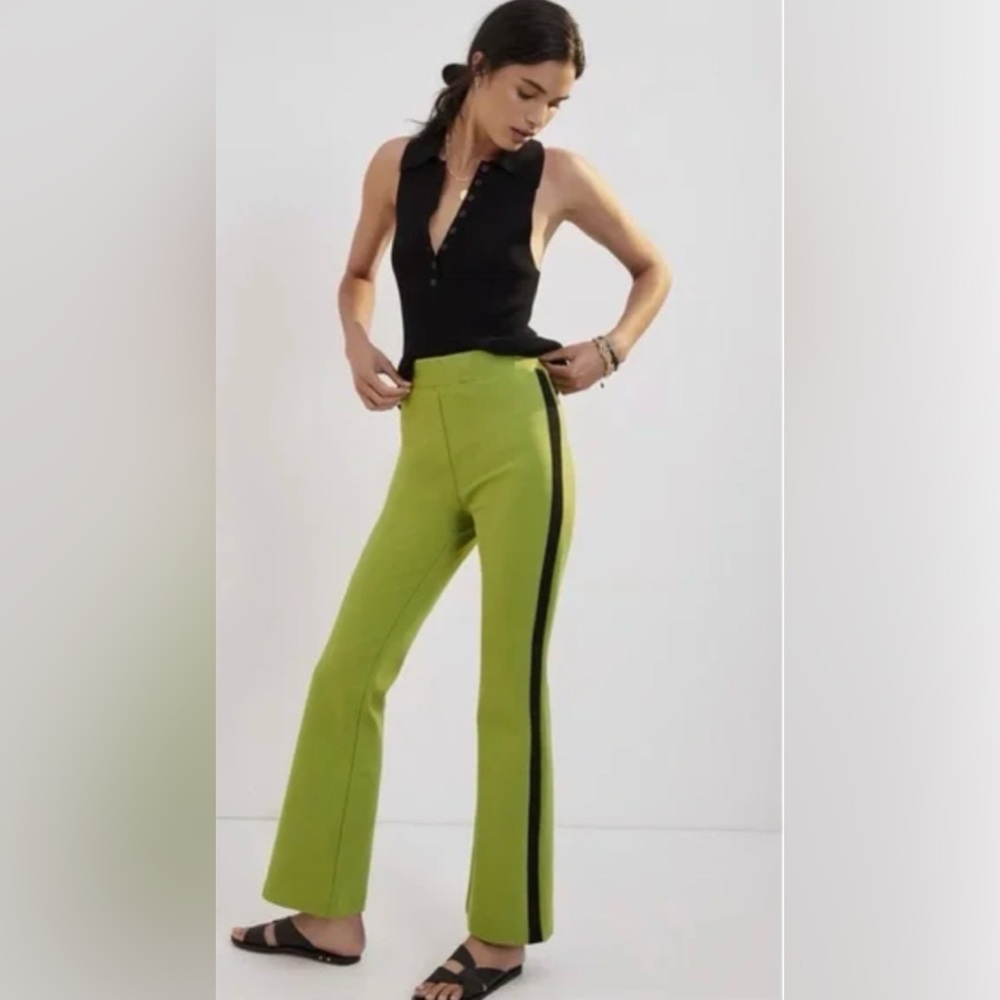 Anthropologie Maeve Ponte Flare Lime Green Flare Pants w/ Black Stripe - Picture 2 of 7